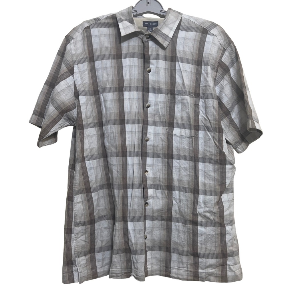 VAN HEUSEN Mens Plaid Short Sleeve Button Up Shirt Size L 16-16.5 - Picture 1 of 5